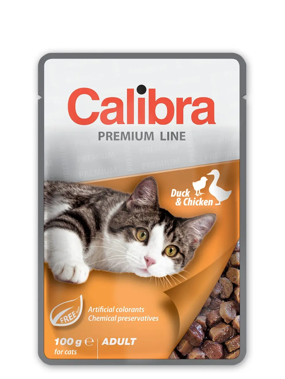 Calibra Cat Adult Pouch - Comida Húmeda para Gatos Adultos, Sabor Pato y Pollo, Caja de 24x100g, Sin Soja ni Conservantes Artificiales